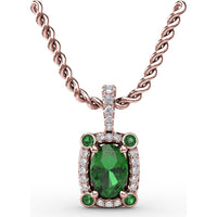 1.00 Carat Total Gemstone Weight Oval Emerald and Diamond Halo Pendant with Bezel Set Corner Emeralds by Fana