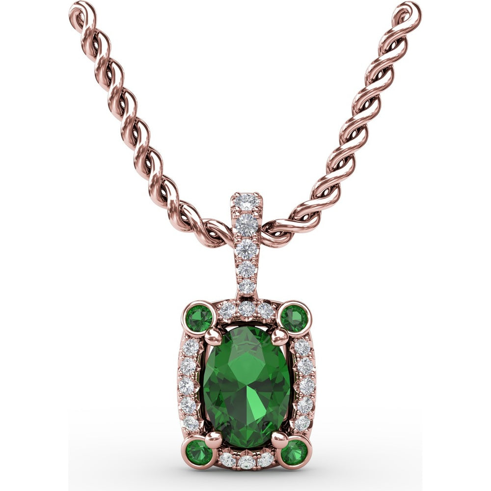 1.00 Carat Total Gemstone Weight Oval Emerald and Diamond Halo Pendant with Bezel Set Corner Emeralds by Fana