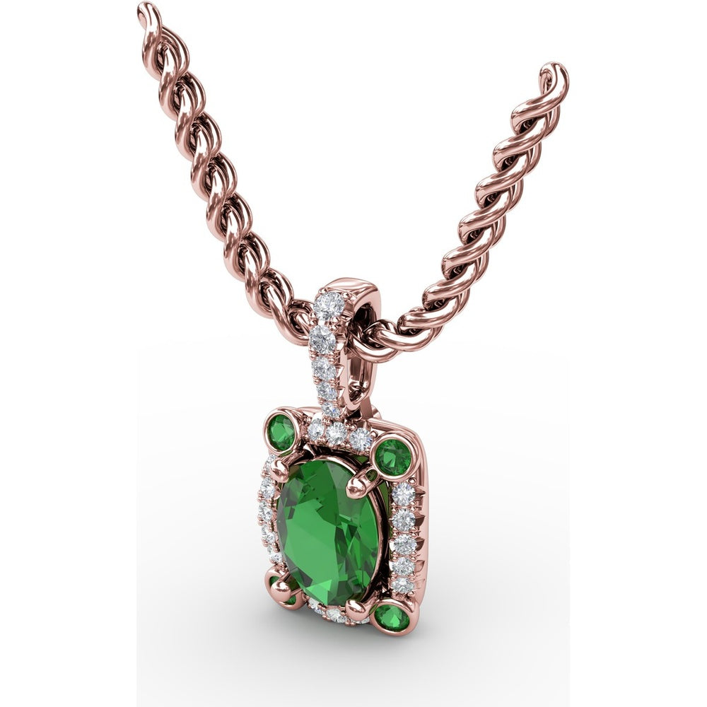 1.00 Carat Total Gemstone Weight Oval Emerald and Diamond Halo Pendant with Bezel Set Corner Emeralds by Fana
