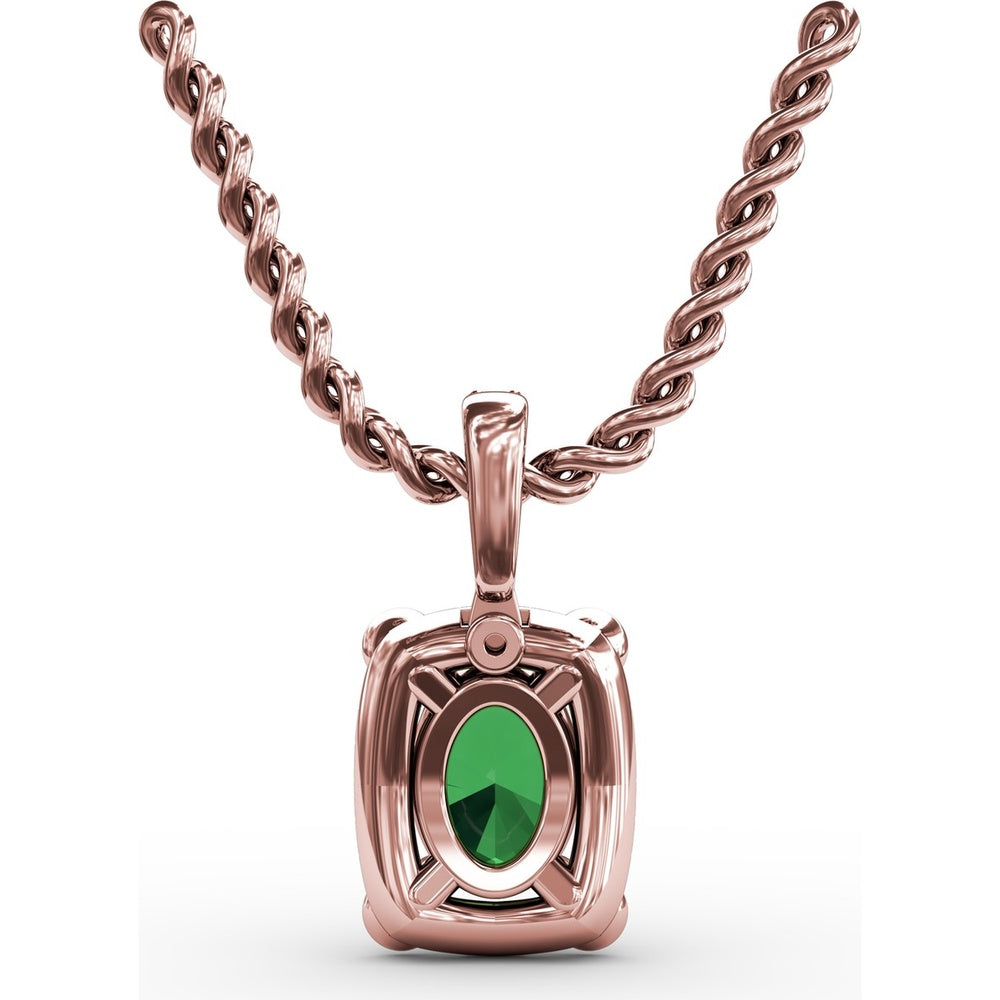 1.00 Carat Total Gemstone Weight Oval Emerald and Diamond Halo Pendant with Bezel Set Corner Emeralds by Fana