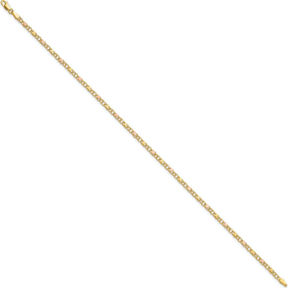 10K Gold and Rose Gold Polished and Satin X-and-Heart 10" Anklet