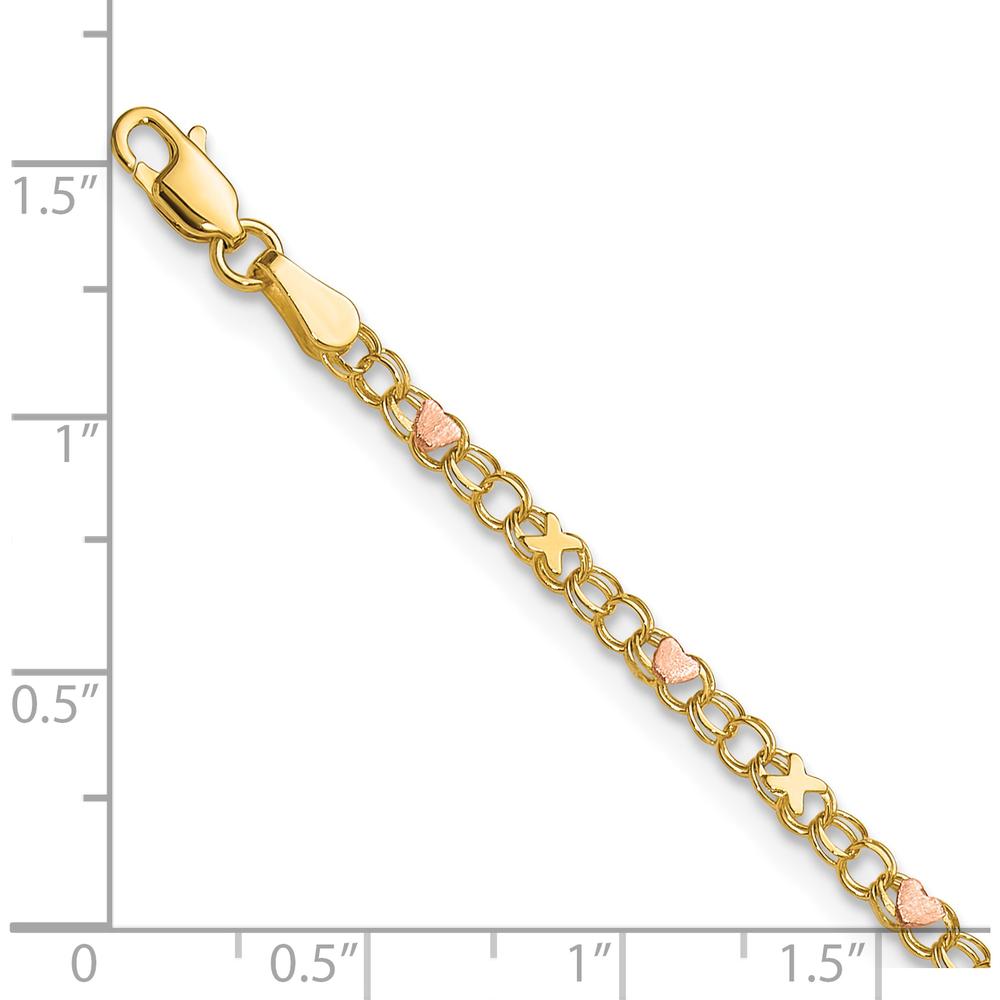 10K Gold and Rose Gold Polished and Satin X-and-Heart 10" Anklet