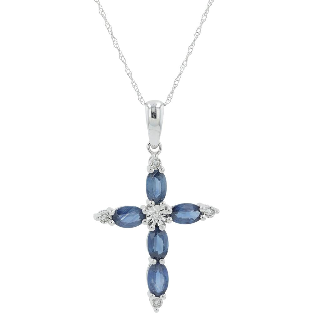 10K Gold Sapphire and Diamond Cross Pendant Necklace - 0.03 Carat Diamond Weight