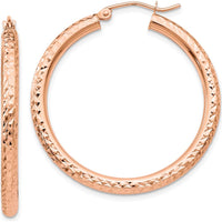 10K Rose Gold 3mm Diamond-Cut Round Hoop Earrings - Elegant Polished Finish, 35mm Length