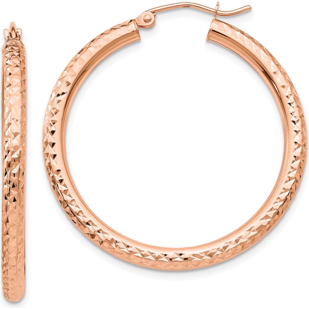 10K Rose Gold 3mm Diamond-Cut Round Hoop Earrings - Elegant Polished Finish, 35mm Length