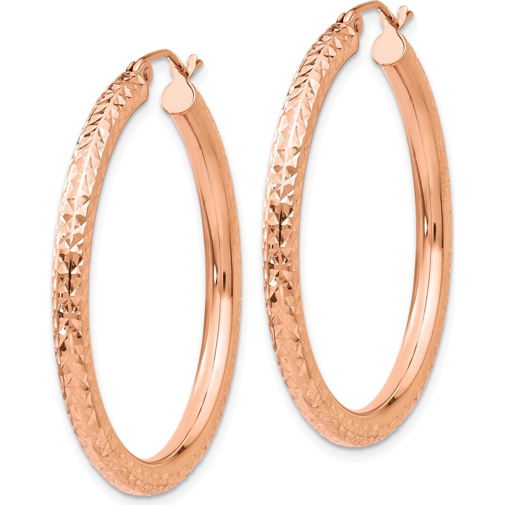 10K Rose Gold 3mm Diamond-Cut Round Hoop Earrings - Elegant Polished Finish, 35mm Length