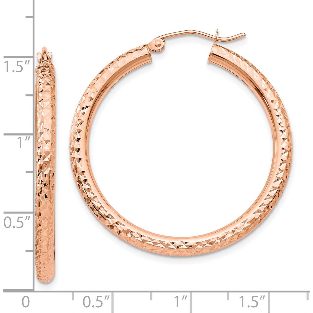 10K Rose Gold 3mm Diamond-Cut Round Hoop Earrings - Elegant Polished Finish, 35mm Length