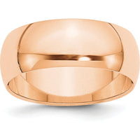 10K Rose Gold 8mm Half Round Wedding Band - Size 8, Polished Finish, Engravable