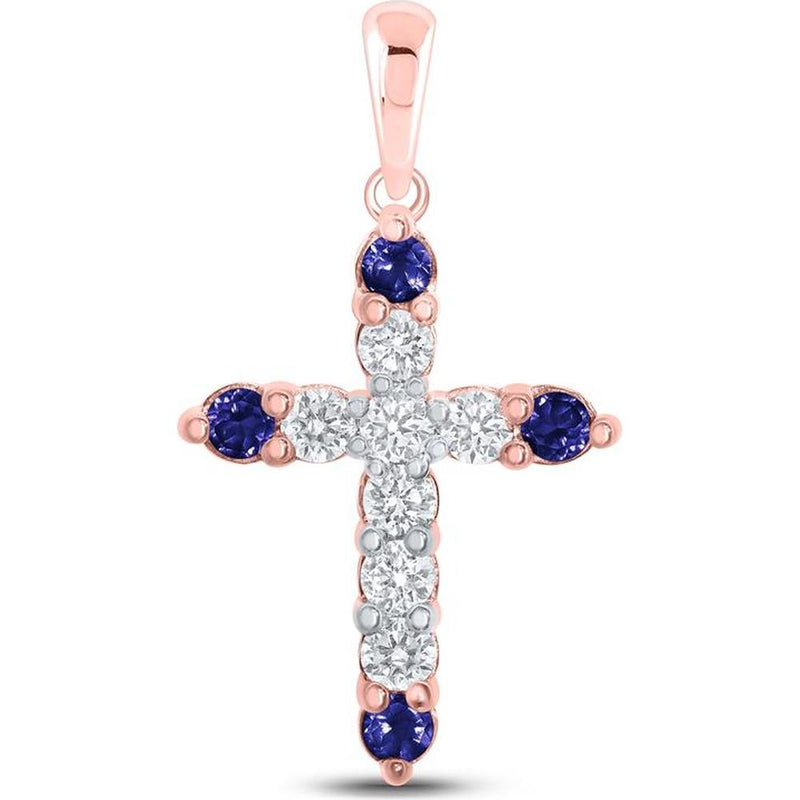 10K Rose Gold Blue Sapphire and Diamond Cross Pendant - 1/4 Carat Total Gem Weight