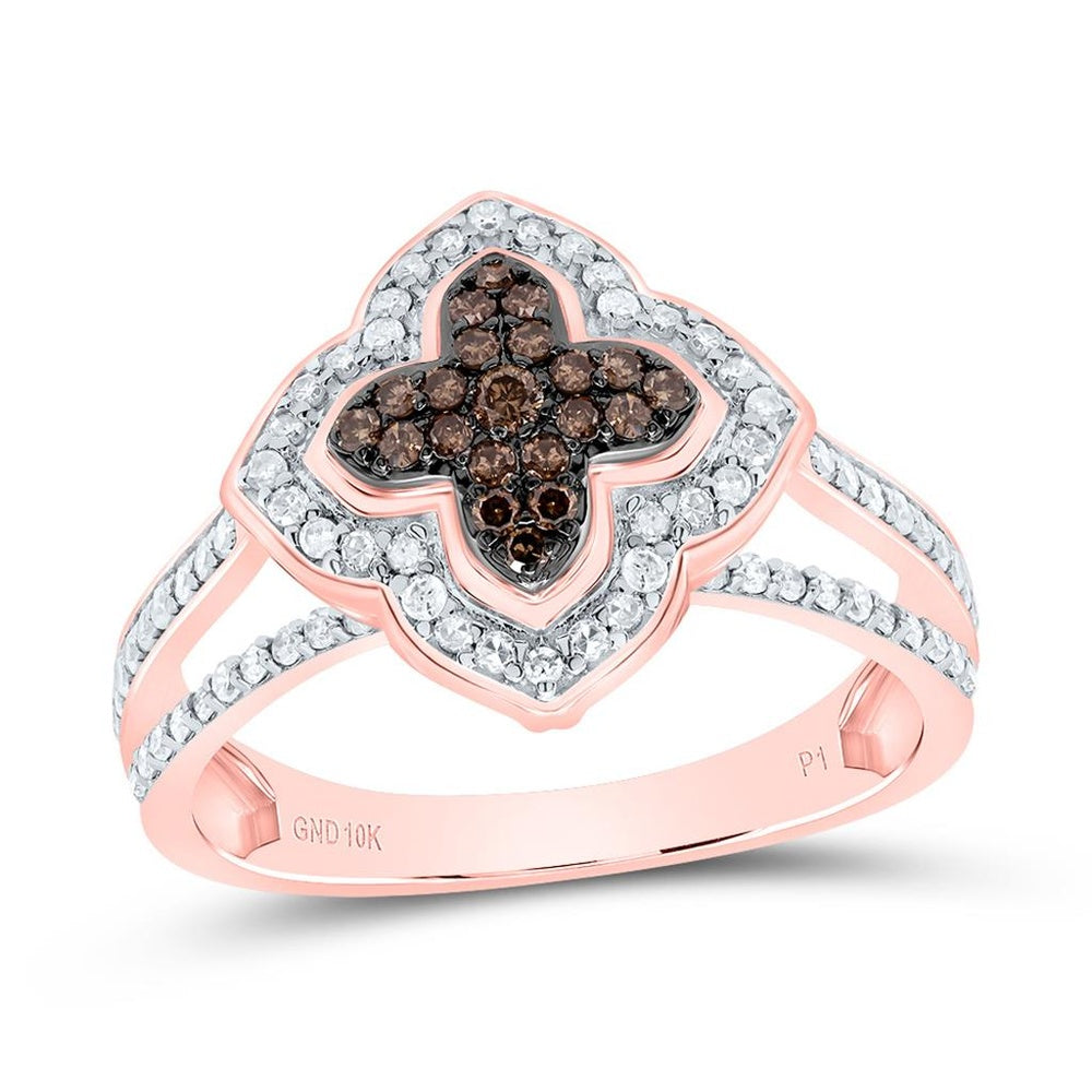 10K Rose Gold Brown and White Diamond Clover Ring - 1/2 Carat Total Diamond Weight
