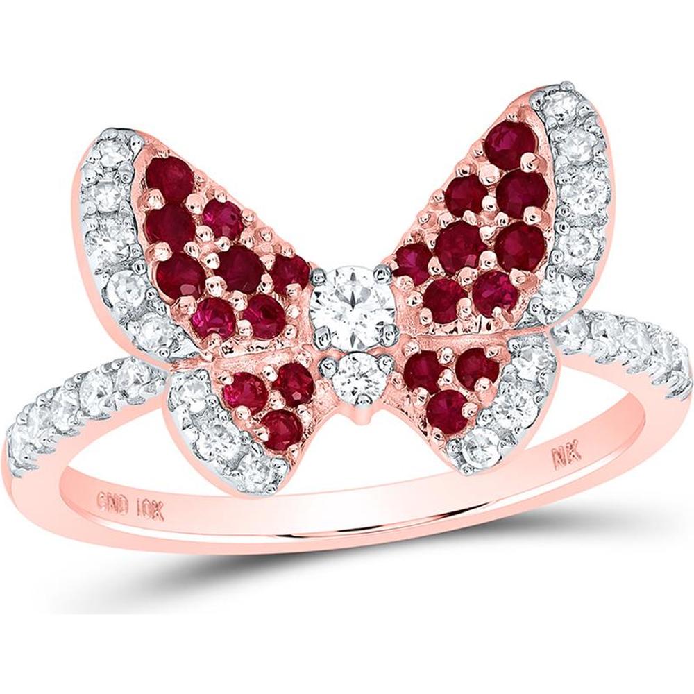 10K Rose Gold Butterfly Ring with Round Ruby and Diamond - 5/8 Carat Total Gem Weight