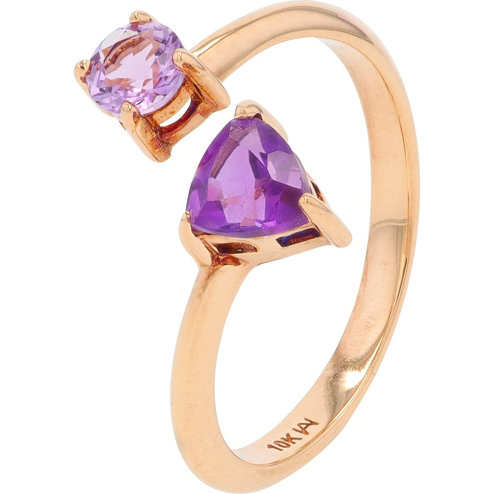 10K Rose Gold Bypass Ring with Round Pink Amethyst and Trillion Cut Purple Amethyst