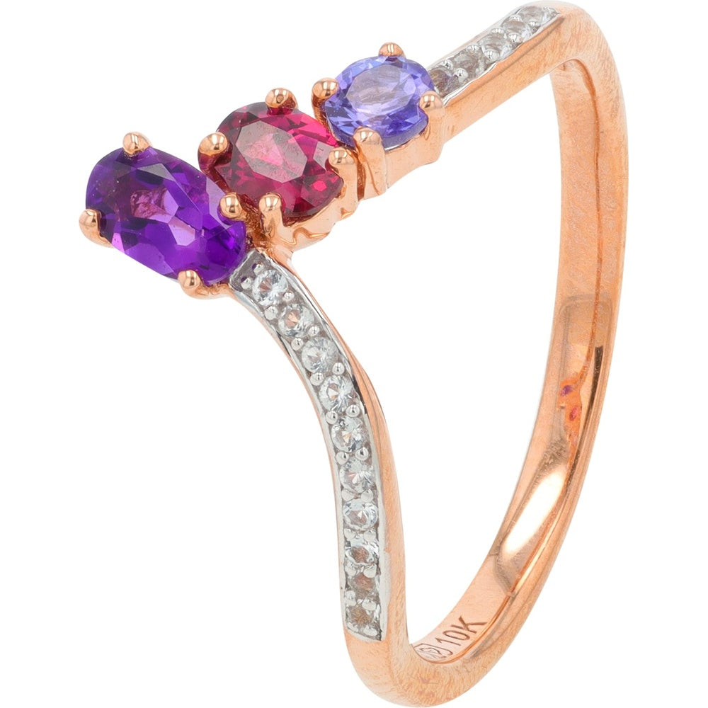 10K Rose Gold Chevron Ring with Prong-Set Amethyst, Pinkish-Red Gemstone, and Violet Sapphire Accented by Pavé Diamonds