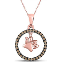 10K Rose Gold Circle Pendant with Prong-Set Round Brown Diamonds and Dog Paw Charm - 0.20 Carat Total Diamond Weight