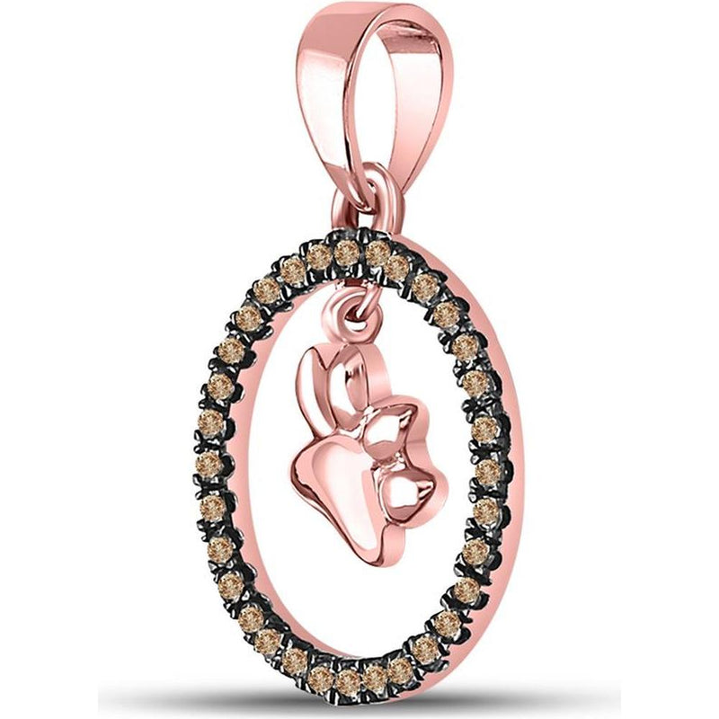 10K Rose Gold Circle Pendant with Prong-Set Round Brown Diamonds and Dog Paw Charm - 0.20 Carat Total Diamond Weight