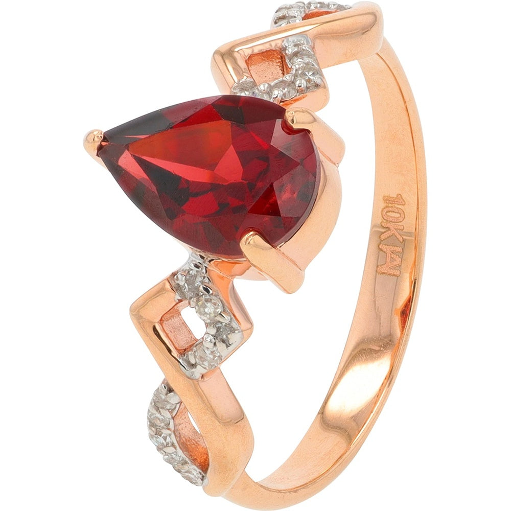 10K Rose Gold Contemporary Ring with Pear-Shaped Garnet and Diamond Accents - 1.55 Carat Garnet and 0.09 Carat Total Diamond Weight