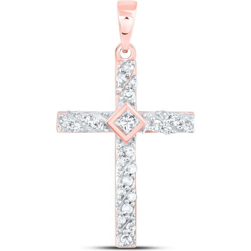 10K Rose Gold Cross Pendant with Invisible-Set Round and Princess Cut Diamonds - 0.25 Carat Total Diamond Weight