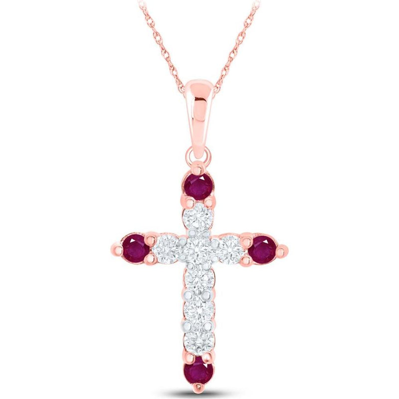 10K Rose Gold Cross Pendant with Round Rubies and Diamonds - 1/4 Carat Total Gemstone Weight