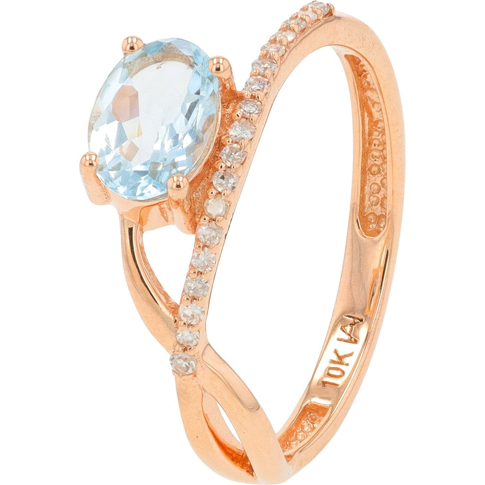 10K Rose Gold Crossover Ring with Oval Aquamarine and Diamond Accents - 0.60 Carat Total Aquamarine Weight