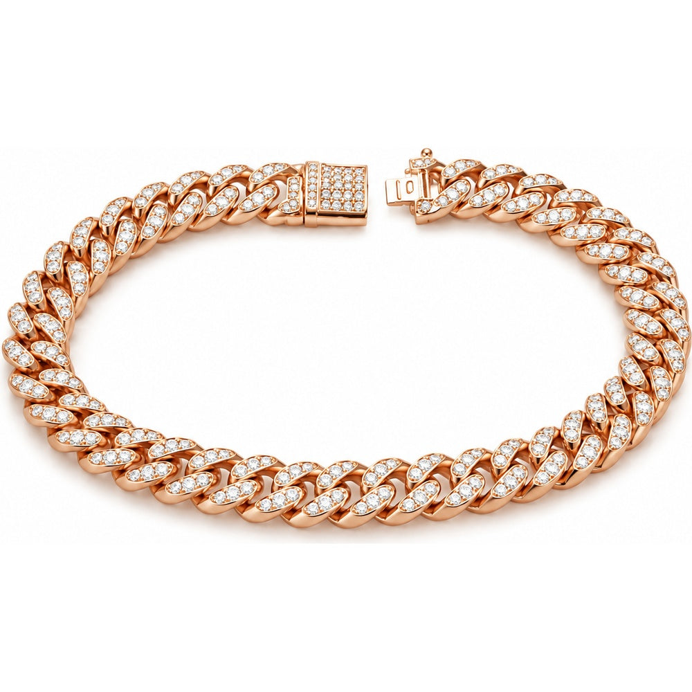 10K Rose Gold Cuban Link Bracelet with Pavé Set Round Diamonds - 1.32 Carat Total Diamond Weight by Auriventus