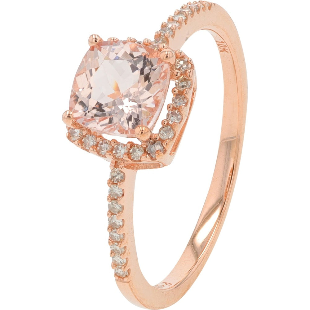 10K Rose Gold Cushion-Cut Morganite Halo Ring with Pavé-Set Round Diamonds - 0.17 Carat Total Diamond Weight
