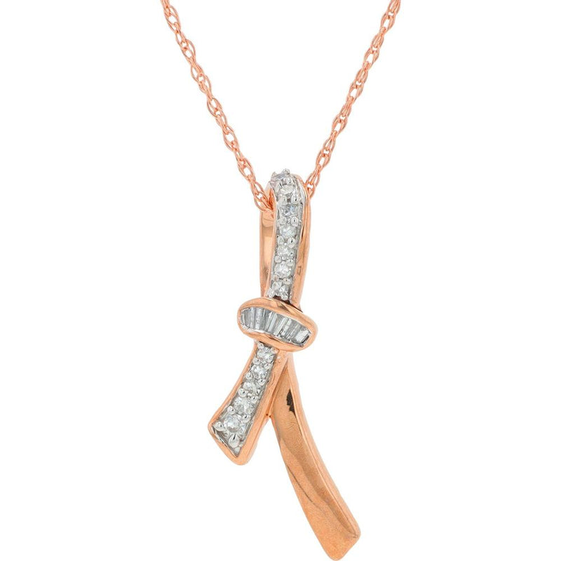 10K Rose Gold Diamond Bow Pendant Necklace - 1/10 Carat Total Diamond Weight