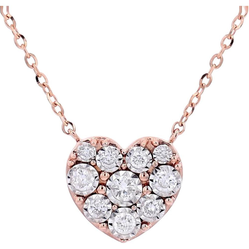 10K Rose Gold Diamond Cluster Heart Necklace - 0.16 Carats Total Diamond Weight