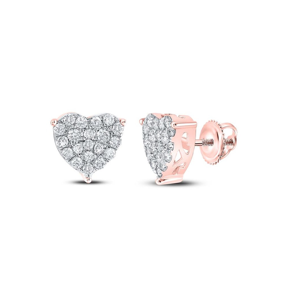 10K Rose Gold Diamond Heart Earrings - 1 Carat Total Diamond Weight