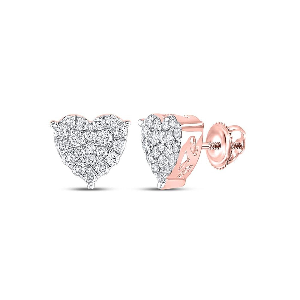 10K Rose Gold Diamond Heart Earrings - 3/4 Carat Total Diamond Weight