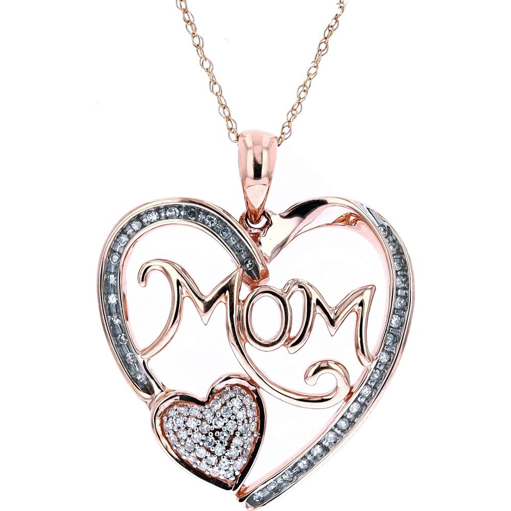 10K Rose Gold Diamond Heart Pendant with "MOM" Script - 0.25 Carat Total Diamond Weight