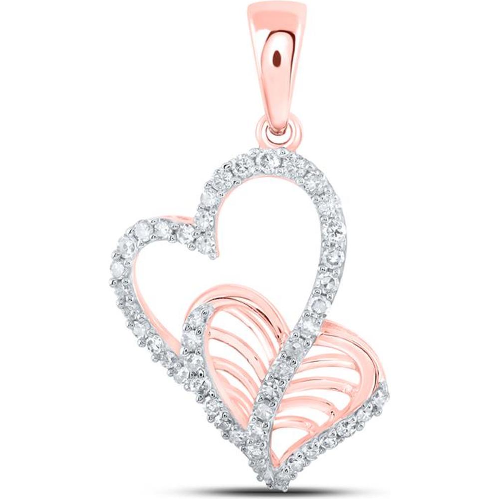 10K Rose Gold Double Heart Pendant with Prong-Set Round Diamonds - 0.30 Carat Total Diamond Weight