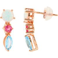 10K Rose Gold Drop Earrings with Created Opal, Pink Tourmaline, and Blue Topaz