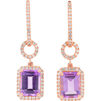 10K Rose Gold Drop Earrings with Emerald-Cut Amethyst and Created White Sapphire Halo - 2.00 Carat Total Gem Weight