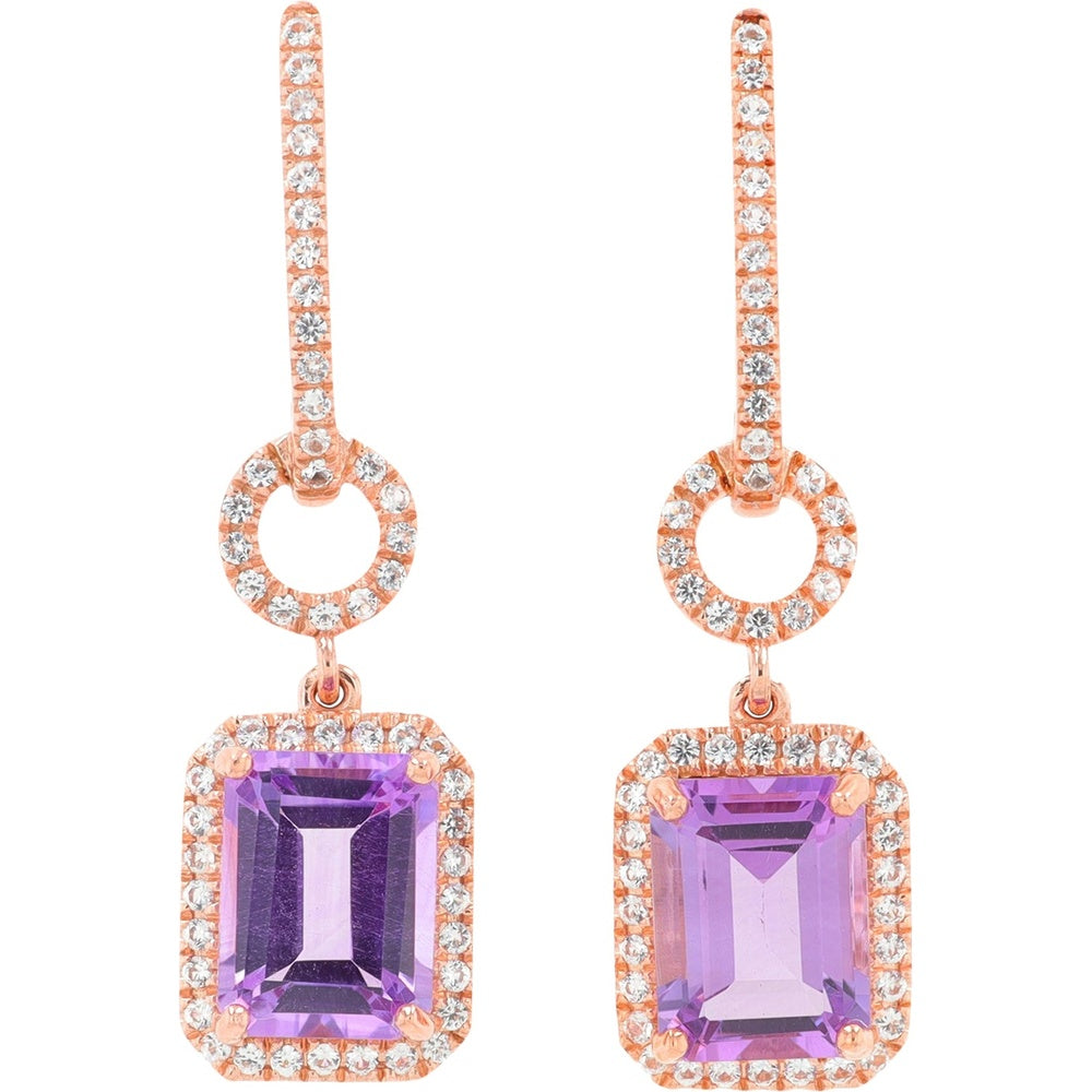 10K Rose Gold Drop Earrings with Emerald-Cut Amethyst and Created White Sapphire Halo - 2.00 Carat Total Gem Weight