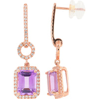 10K Rose Gold Drop Earrings with Emerald-Cut Amethyst and Created White Sapphire Halo - 2.00 Carat Total Gem Weight