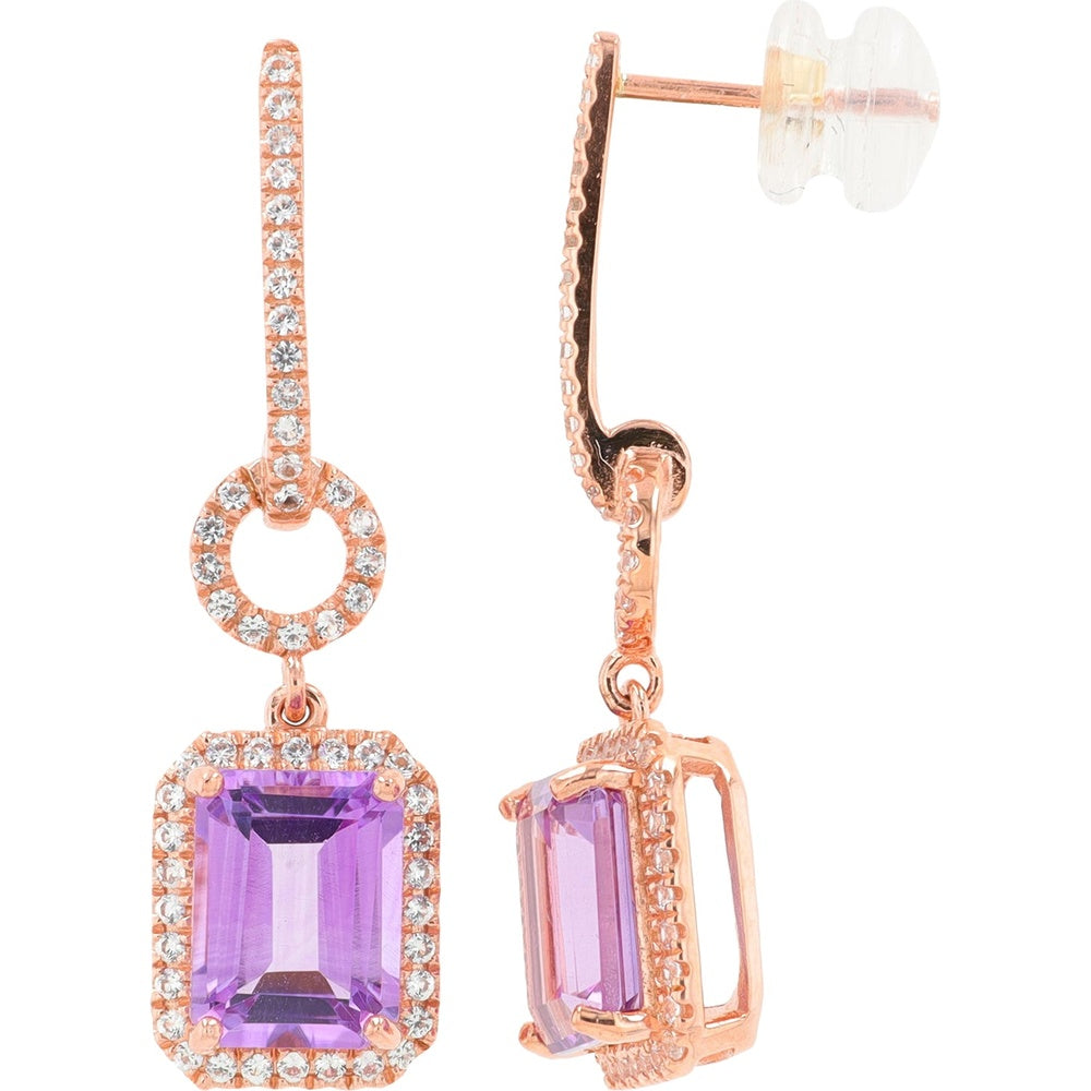 10K Rose Gold Drop Earrings with Emerald-Cut Amethyst and Created White Sapphire Halo - 2.00 Carat Total Gem Weight