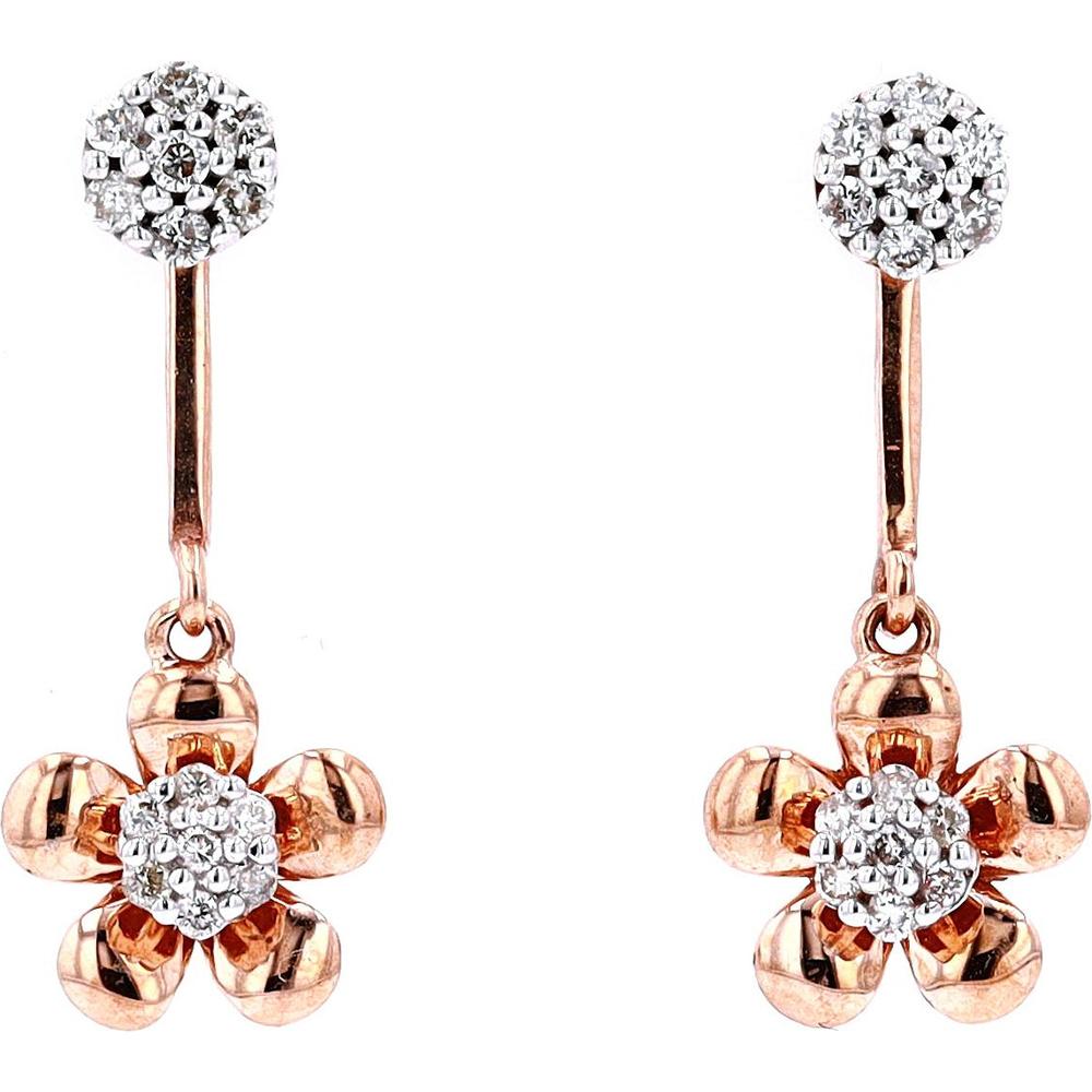 10K Rose Gold Drop Earrings with Floral Motif and Pavé Set Round Diamonds - 0.20 Carat Total Diamond Weight