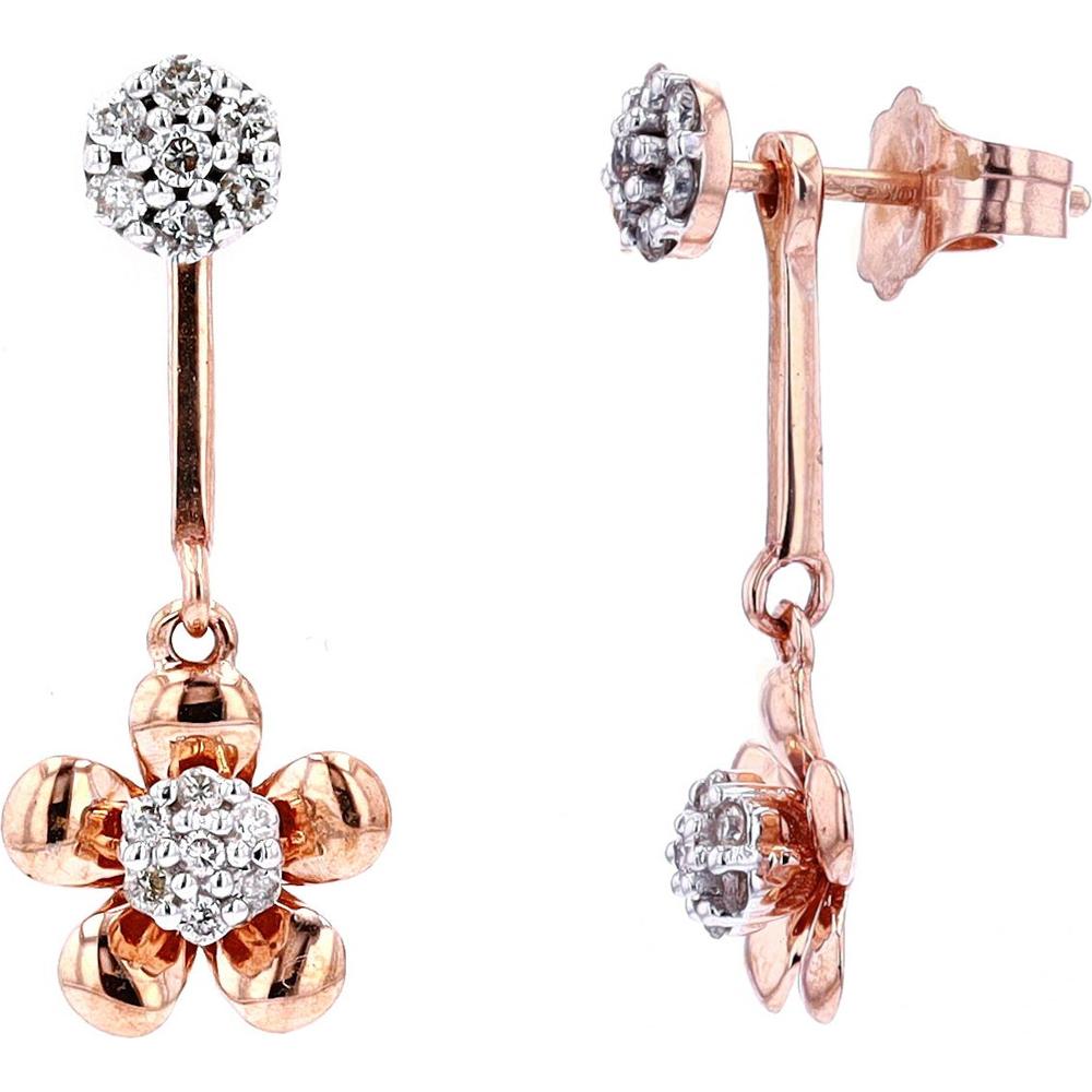 10K Rose Gold Drop Earrings with Floral Motif and Pavé Set Round Diamonds - 0.20 Carat Total Diamond Weight