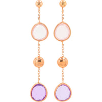 10K Rose Gold Drop Earrings with Organic-Faceted Rose Quartz and Amethyst Gemstones