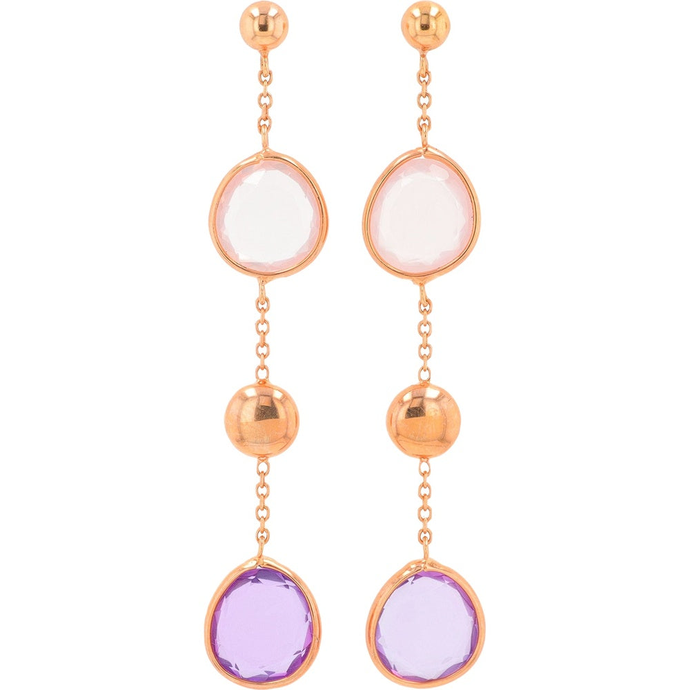10K Rose Gold Drop Earrings with Organic-Faceted Rose Quartz and Amethyst Gemstones