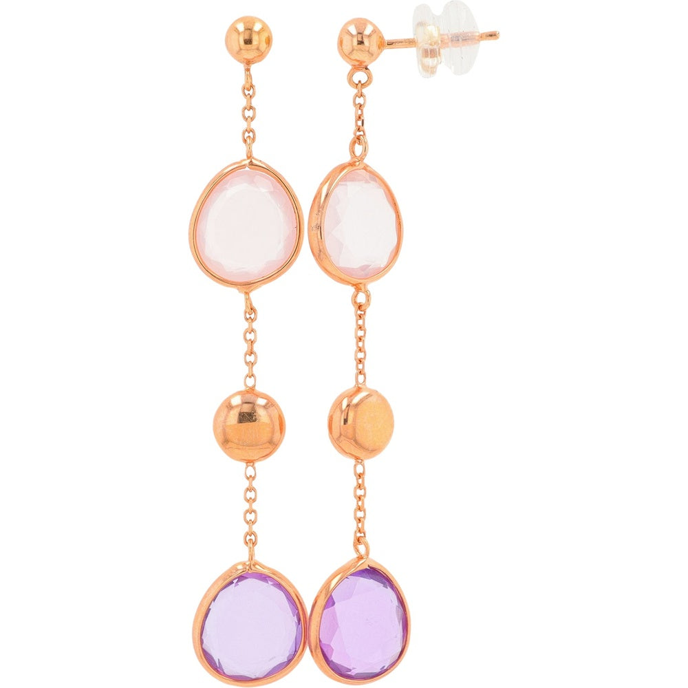 10K Rose Gold Drop Earrings with Organic-Faceted Rose Quartz and Amethyst Gemstones