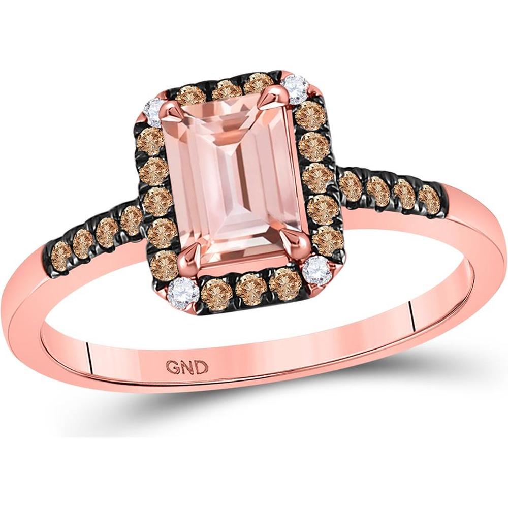 10K Rose Gold Emerald-Cut Morganite Solitaire Ring with Brown Diamonds - 1.25 Carat Total Gem Weight