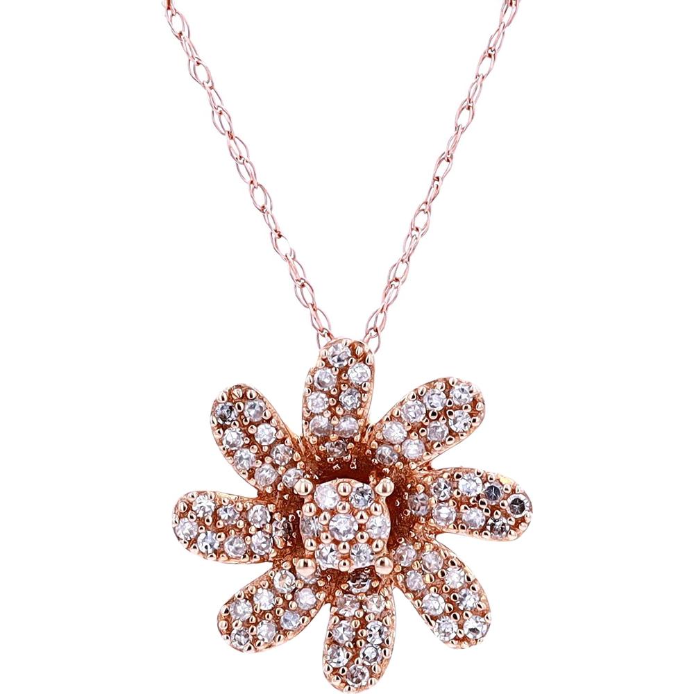 10K Rose Gold Floral Pendant Necklace with 1/4 Carat Total Weight Diamond Cluster