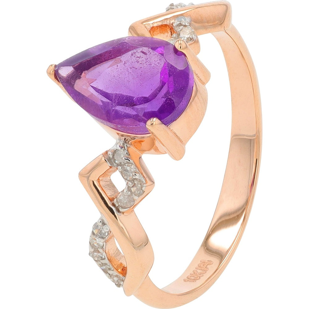 10K Rose Gold Free Form Ring with Pear-Shaped Amethyst and Diamond Accents - 1.55 Carat Amethyst and 0.09 Carat Total Diamond Weight