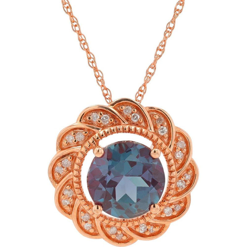 10K Rose Gold Halo Pendant with Created Alexandrite and Diamond Accents - 0.06 Carats Total Diamond Weight