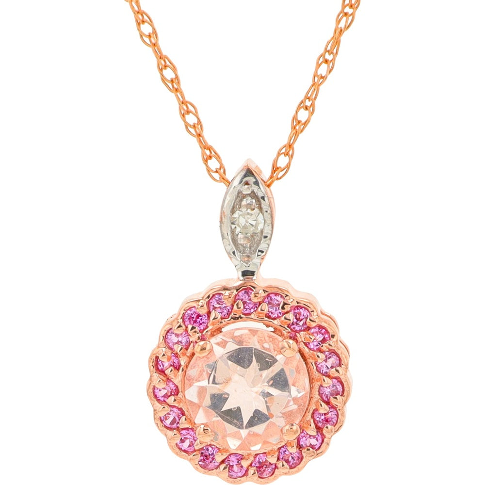 10K Rose Gold Halo Pendant with Round Morganite, Pink Sapphire Accents, and Diamond-Studded Bail - 0.01 Carat Diamond Total Weight