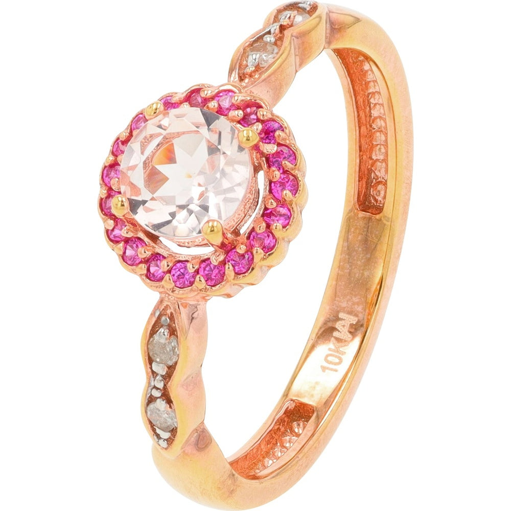 10K Rose Gold Halo Ring with Round Morganite and Created Pink Sapphire Accents - 0.04 Carat Total Diamond Weight