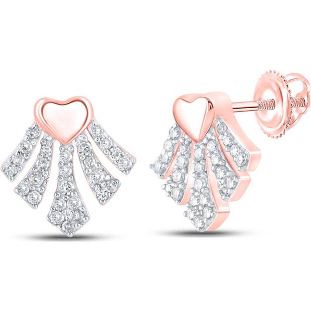 10K Rose Gold Heart and Fan Stud Earrings with Prong-Set Round Diamonds - 1/6 Carat Total Diamond Weight