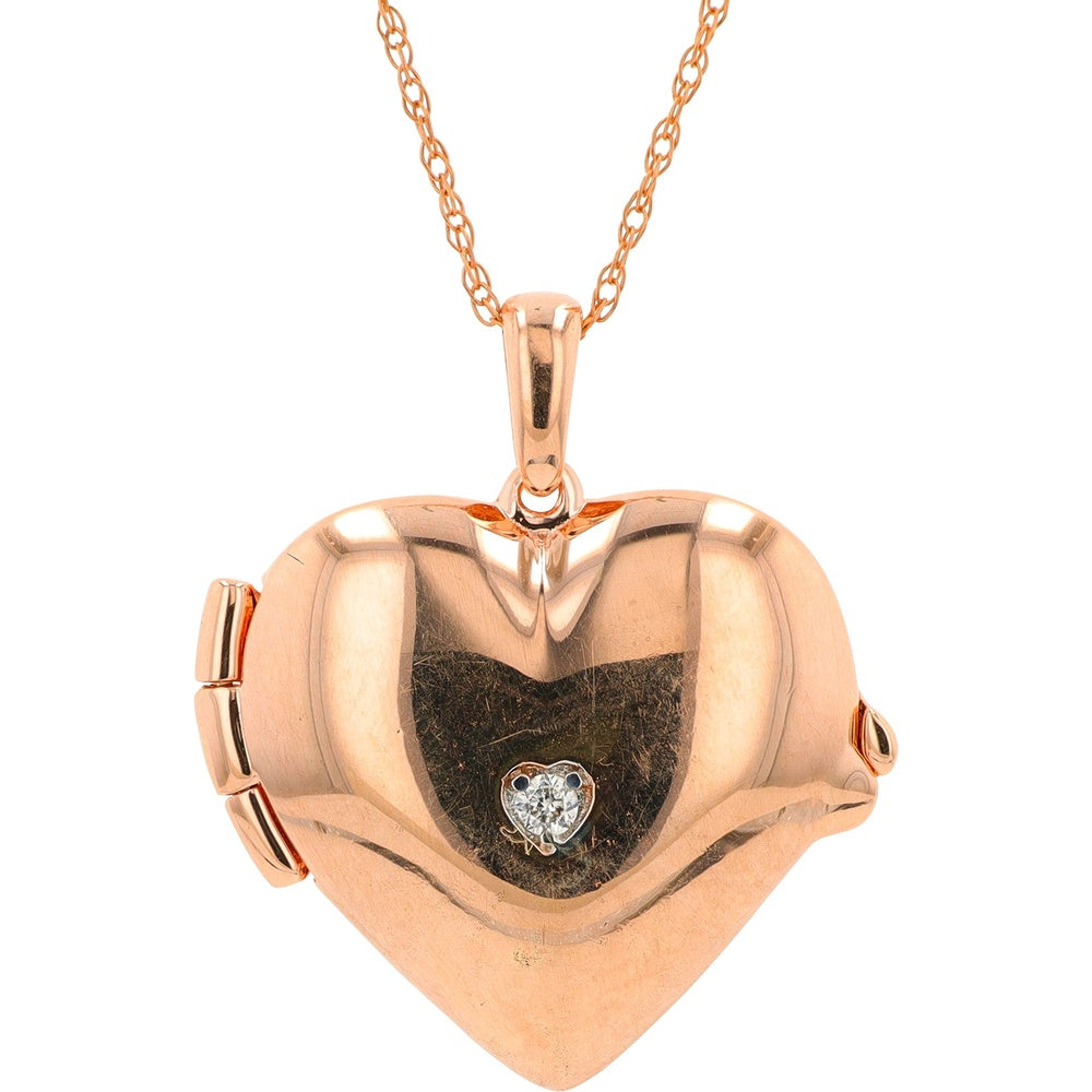 10K Rose Gold Heart Locket Pendant with Bezel-Set Round Diamond - 0.02 Carat Total Diamond Weight