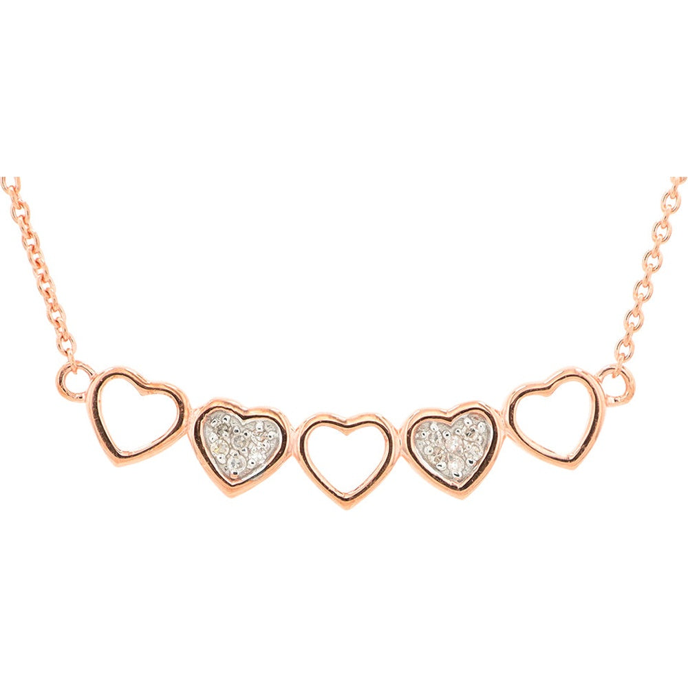 10K Rose Gold Heart Motif Necklace with Alternating Open Cutouts and Pavé-Set Round Diamonds - 0.04 Carat Total Diamond Weight